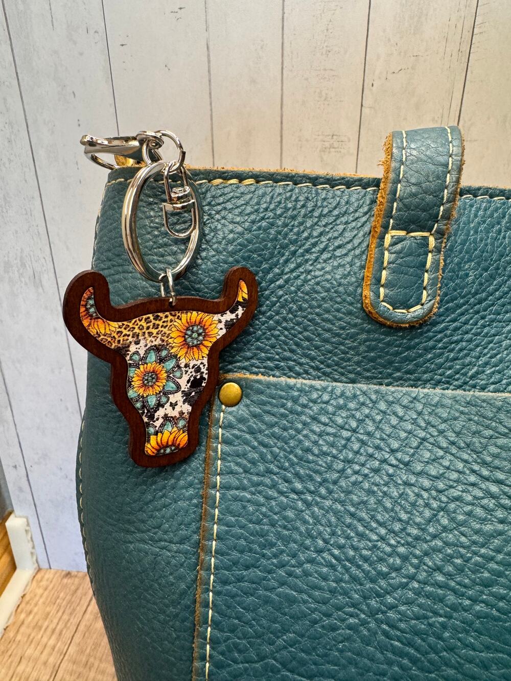 Wood Western Bag Charm Cow Sunflower Wooden Keychain Charm Clip